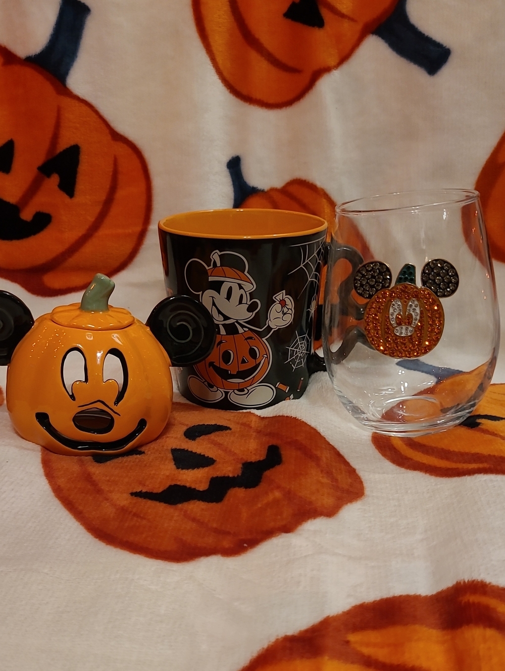 Disney Halloween Mickey Pumpkin Mu.g, Wine Cu.p, Tea light, Bundle Lot (NWOT)